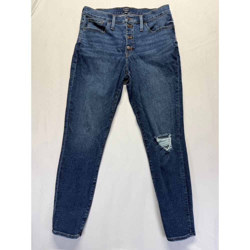 J.Crew 9" Mid Rise Skinny Jeans Womens 31 Blue‎ Medium Wash Denim Exposed Button